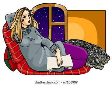 Girl with the book The girl lying on a sofa with the book in hands