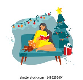 Girl With A Book On Christmas Eve Sitting On The Couch With A Cat. New Year Mood, Merry Christmas. Holidays Alone Or Waiting For Guests, Articles, Posters. Banners. Cute Cartoon Vector Illustration