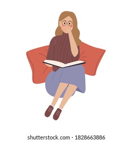 The girl with book on the floor and with pillows. Reading people on a white background. Read more concept books. People are lying down to read. Vector illustration