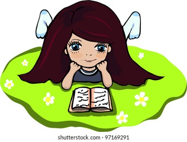 Girl with a book on the grass. Vector.