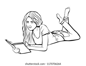 Girl with book, outline drawing, coloring, sketch, contour picture, linear figure, vector black and white illustration. Beautiful woman lies on the stomach and read book, isolated on white background