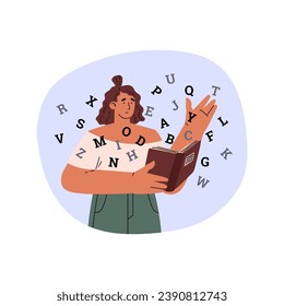 Girl with book and scattered letters around. Young woman has problem with reading. Learning difficulties and dyslexia concept. Flat vector illustration on abstract background.
