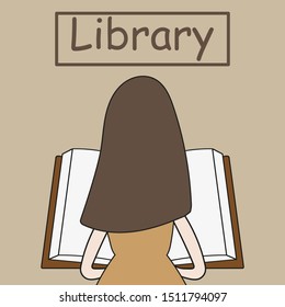 Girl with a book and the sign "Library"