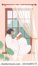 Girl with a book sitting on the windowsill and reading a book. Young woman wrapped in a blanket. Cozy home . Happy female character on the background of a window with a landscape. Vector flat