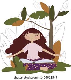 A girl with a book is sitting under a tree. A girl with her eyes closed in her pajamas sits in a clearing. Vector graphics. Illustration. Print for textiles.
Linear freehand drawing.