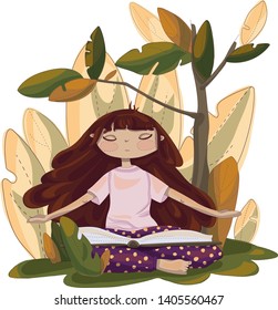 A girl with a book is sitting under a tree. A girl with her eyes closed in her pajamas sits in a clearing. Vector graphics. Illustration. Print for textiles.
Linear freehand drawing.