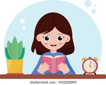 Girl with book at the table. Vector illustration of girl. Girl reading a book.	