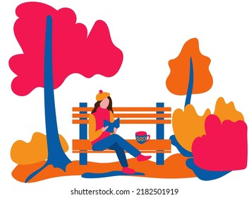 Girl with book and tea sitting on bench in autumn park with colourful trees and bushed. Vector flat illustration.