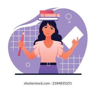 Girl with books. Female student in library chooses literature to prepare for test or examination. Woman does homework. Love of reading and useful hobbies, knowledge. Cartoon flat vector illustration