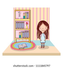 girl with books and flowers vase organized in the bookcase
