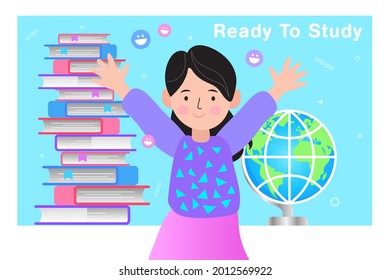 Girl with books and a globe. Back to school, Study, Learning, Knowledge and Education. Flat illustration of e learning and tutorial concept.