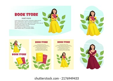 Girl with books in hands, read more concept. Banner for bookstore set. Vector illustration in flat style.