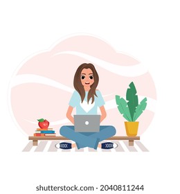 A girl with books and a laptop. A homemade flower in a pot. The concept of coronavirus isolation and work at home, training. Vector isometric image of an online textbook for students to study.