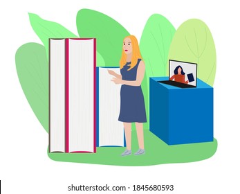 Girl with books and laptop. World library online.The remote training.