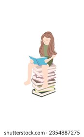 Girl with books and reading on a white background