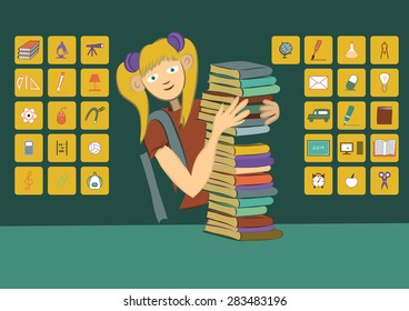 A girl with books. School icons.