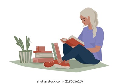 A girl with books sits on the floor. Banner on the book theme. Vector image.