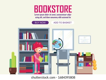 Girl in bookstore, shopping or reading in bookstore. An interior of bookstore or library. Flat style illustration, Vector, Library.