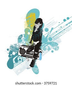 girl with a  boombox,grunge & floral elements,abstract vector