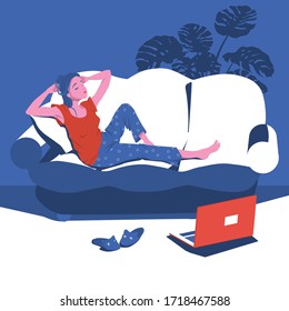 Girl is bored at home lying on the couch with a laptop. Classes remotely during quarantine. Character Vector Illustration