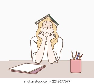 Girl is bored and tired with doing her homework. Hand drawn in thin line style, vector illustrations.