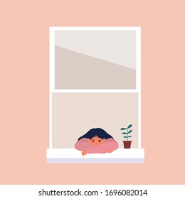 Girl bored at the window because pandemic disease and lockdown cartoon hand drawn style flat vector design human character illustration