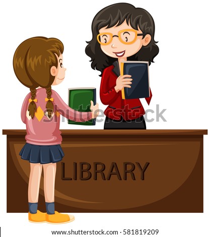 Girl borrowing book from library illustration
