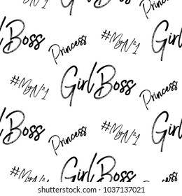 Girl boss brushstroke quotes seamless vector pattern. Feminist symbol words.