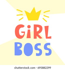 Girl boss card. Cute handwritten typography lettering with crown. Inspirational phrase. Geometric abstract background. T shirt, planner sticker, poster design. Vector illustration