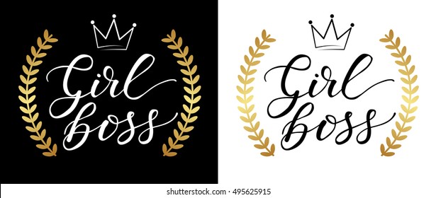 Girl Boss Card Vector Illustration, Modern Calligraphy, Hand Lettering, Design Typographic Elements, Isolated White And Black Background