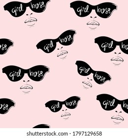 Girl boss concept woman with sunglasses / Seamless repeating pattern texture background design for textile graphic, fabric prints, wallpapers etc