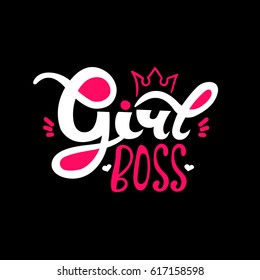 Girl Boss. Design For T-shirt And Prints. Calligraphy Lettering On Black Background. Symbol, Emblem, Logo For Women.