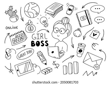 Girl Boss Doodle Set Vector Illustration. Businesswoman, Girl At Laptop, Notebook, Cactus, Email, Coffee, Mean Currencies, Pencil, Computer Mouse, Idea, Tablet Icons Set.
