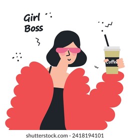 Girl boss. The drawing of a girl with glasses, in a red coat and a cup of coffee. Draw and text, flat vector design. Girls power.