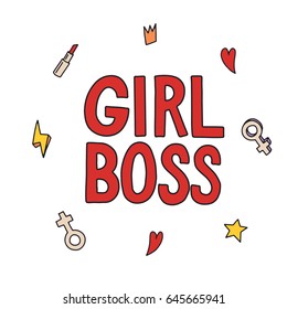 Girl boss. Feminism quote, woman motivational slogan. Vector illustration of girls symbols. Phrase for posters, t-shirts and cards.