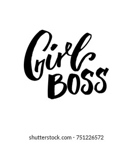 Girl boss. Feminism slogan, brush lettering inscription for t-shirt and apparel design, black text on white background.