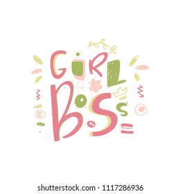 Girl boss- hand drawn lettering quote with decorative elements. Unique typography poster or apparel design. 