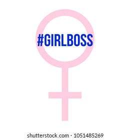 Girl boss hash tag at pink abstract girls symbol. Feminism quote, woman motivational slogan. Phrase for posters, t-shirts and cards. Vector illustration