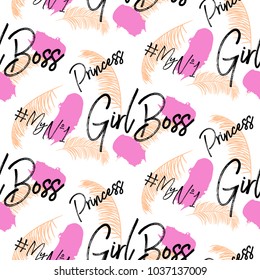 Girl boss hashtags brushstroke seamless vector pattern. Feminist symbol word.