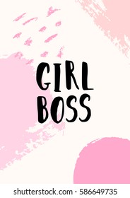 Girl Boss - inspirational quote poster design. Hand lettered text in black on abstract brush strokes background in pastel colors.