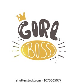 Girl Boss. Logo, Icon And Label For Your Design. Lettering. Woman Motivational Slogan. Hand Drawn Vector Illustration. Can Be Used For Bag, Sticker, T-shirt, Poster, Badge, Card, Poster, Banner.