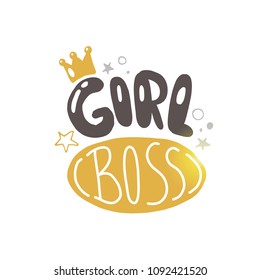 Girl boss. Logo, icon and label for your design. Lettering. Woman motivational slogan. Hand drawn vector illustration. Can be used for bag, sticker, t-shirt, badge, card, poster, banner.