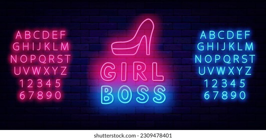 Etiqueta de neón de la chica Boss con zapato de tacón alto. Señal de poder de la mujer. emblema principal. Señal brillante en la pared de ladrillo. Alfabeto rosa brillante y azul. Banda de luz para dama. Ilustración de material vectorial