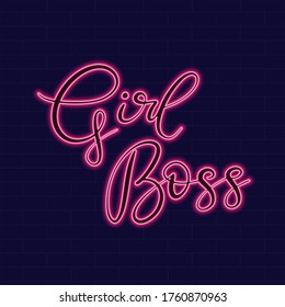 Girl boss Neon sign with lettering on dark background vector illustration. Logo design template. Light banner, glowing neon signboard for advertising.