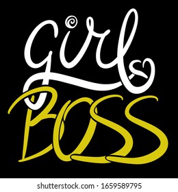 Girl Boss on the black background with yellow and white letters in the style of lettering, feminism, handwritten, print for clothes, mugs, accessories, bags, office, logo, banner, girl power