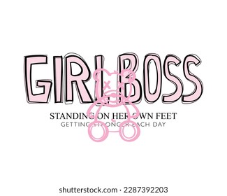 Girl boss pink slogan typography. Teddy bear drawing. Vector illustration design for fashion graphics, t shirt print.