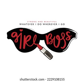 Girl boss slogan text. Red lipstick and sunglasses drawing. Vector illustration design for fashion graphics, t shirt prints, posters.