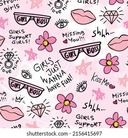 Girl boss text, lips, flower doodle sketch drawings on pink. Seamless pattern repeating texture background design for fashion graphics, textile prints, fabrics, wallpapers.