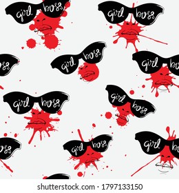 Girl boss text on sunglasses and woman portrait hand drawings / Seamless repeating pattern texture background design for textile graphic, fabric prints, wallpapers etc