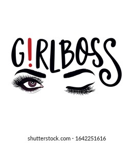 Girl Boss text with wink eyes. Brush calligraphy isolated on white background. Feminism slogan with hand drawn lettering. Print for poster, card.